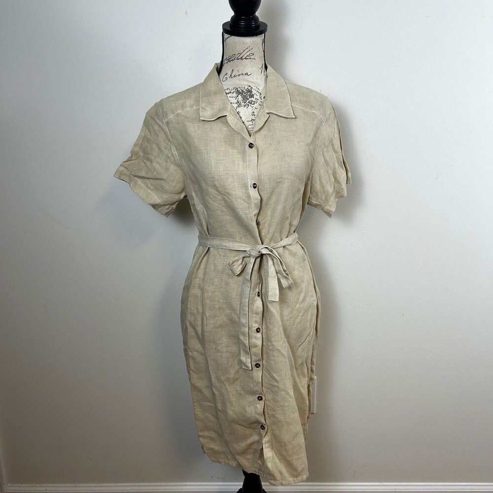 Simply Soft by Kiko Linen Shirt Dress Womens Medium Beige Belted Button Up Midi